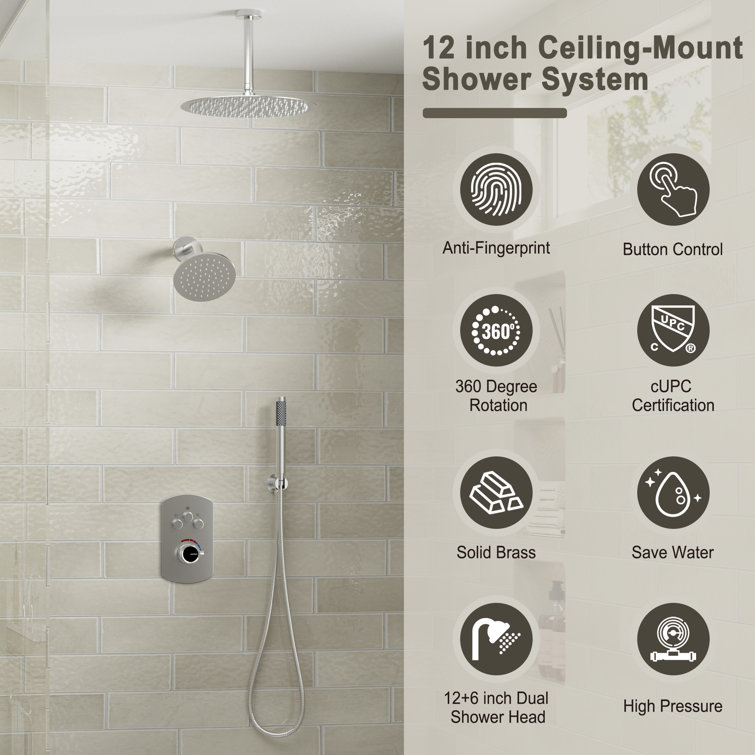 Brushed Nickel Dual Rainfall and Handheld Shower System with 12-inch Ceiling Mount