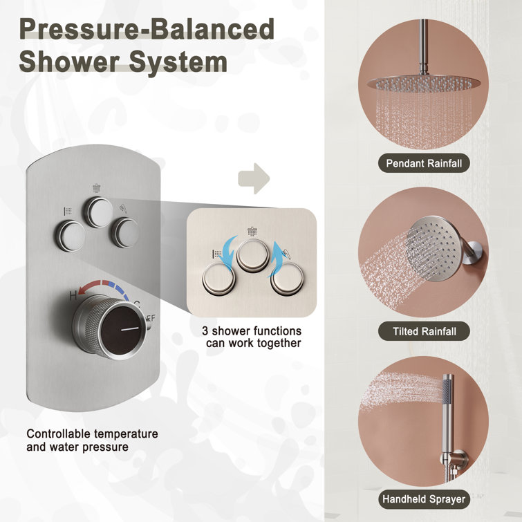 Brushed Nickel Dual Rainfall and Handheld Shower System with 12-inch Ceiling Mount