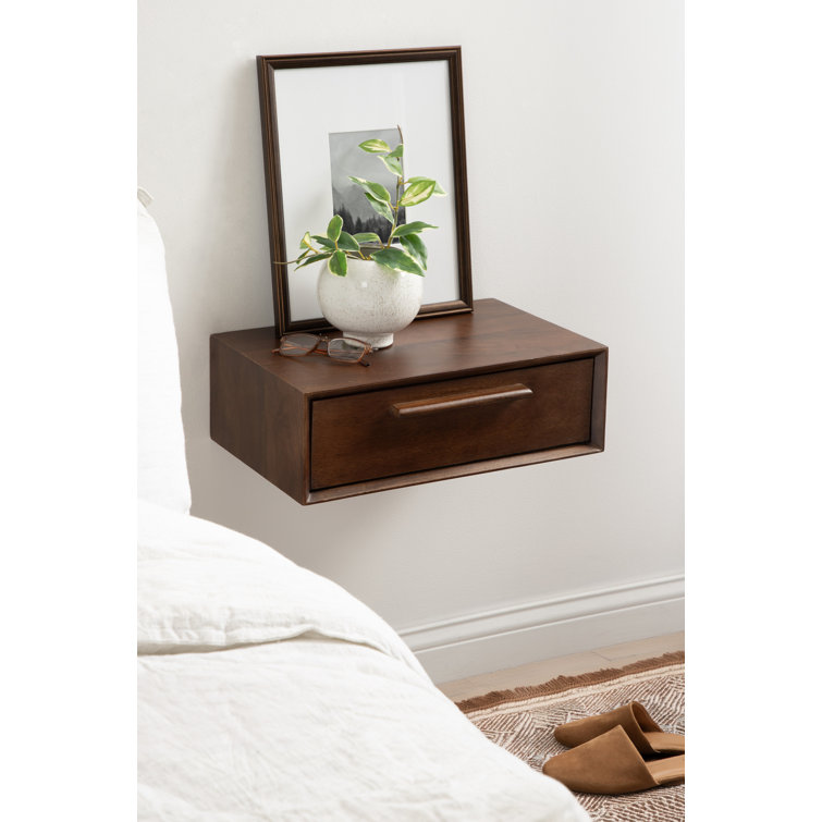 Dark Walnut Mango Wood Floating Wall Shelf with Drawer
