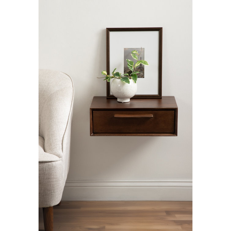 Dark Walnut Mango Wood Floating Wall Shelf with Drawer