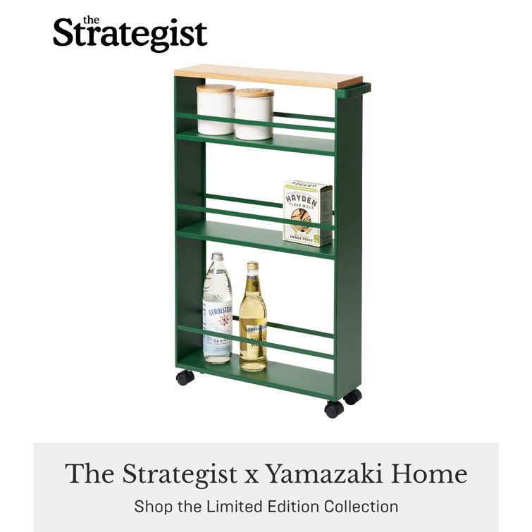 Forest Green Slim Rolling Three-Tier Storage Cart with Wooden Top