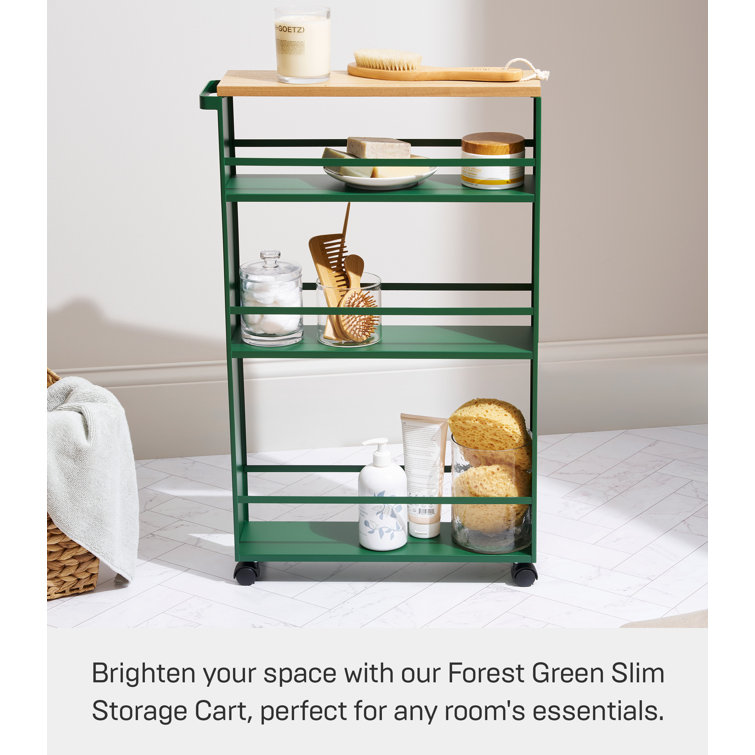 Forest Green Slim Rolling Three-Tier Storage Cart with Wooden Top