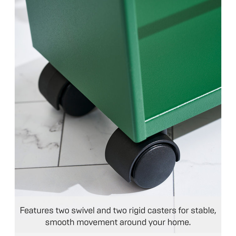 Forest Green Slim Rolling Three-Tier Storage Cart with Wooden Top