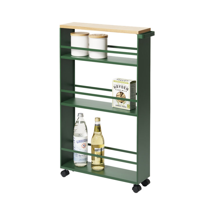 Forest Green Slim Rolling Three-Tier Storage Cart with Wooden Top