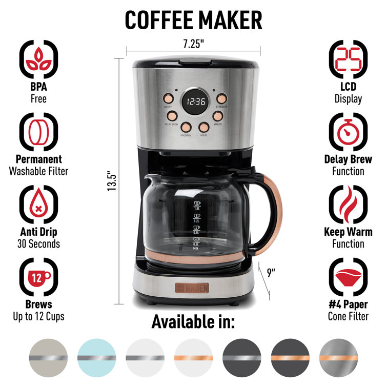 Haden 12-Cup Programmable Steel & Copper Drip Coffee Maker
