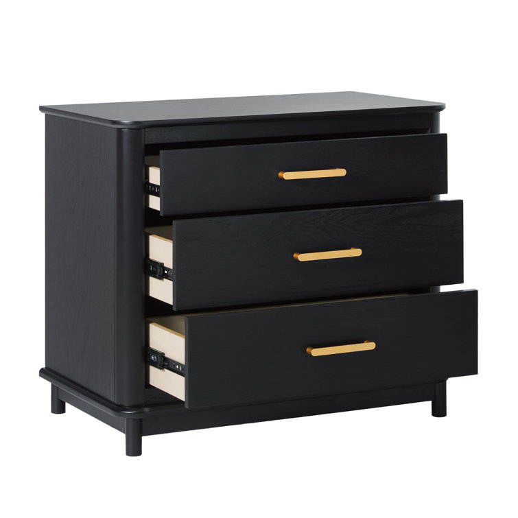 Black Solid Wood 3-Drawer Nightstand with Gold Handles