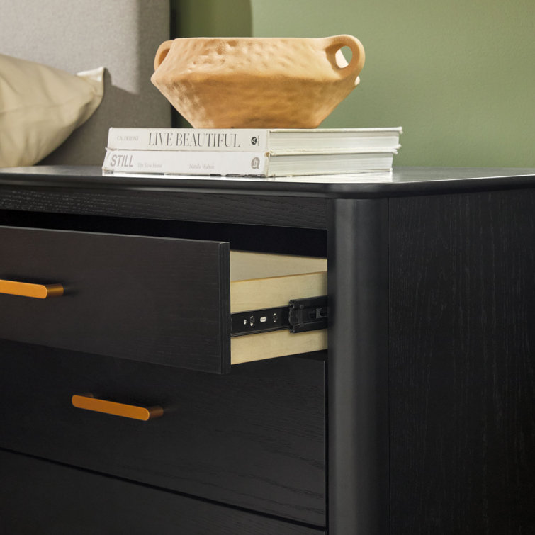 Black Solid Wood 3-Drawer Nightstand with Gold Handles