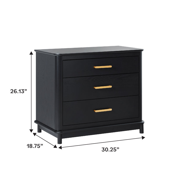 Black Solid Wood 3-Drawer Nightstand with Gold Handles