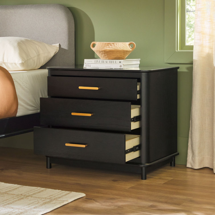 Black Solid Wood 3-Drawer Nightstand with Gold Handles