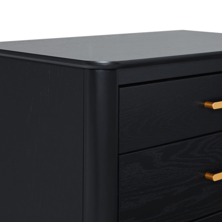 Black Solid Wood 3-Drawer Nightstand with Gold Handles