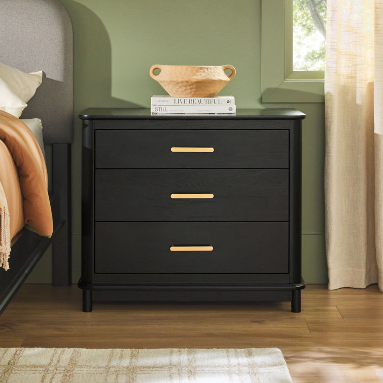 Black Solid Wood 3-Drawer Nightstand with Gold Handles