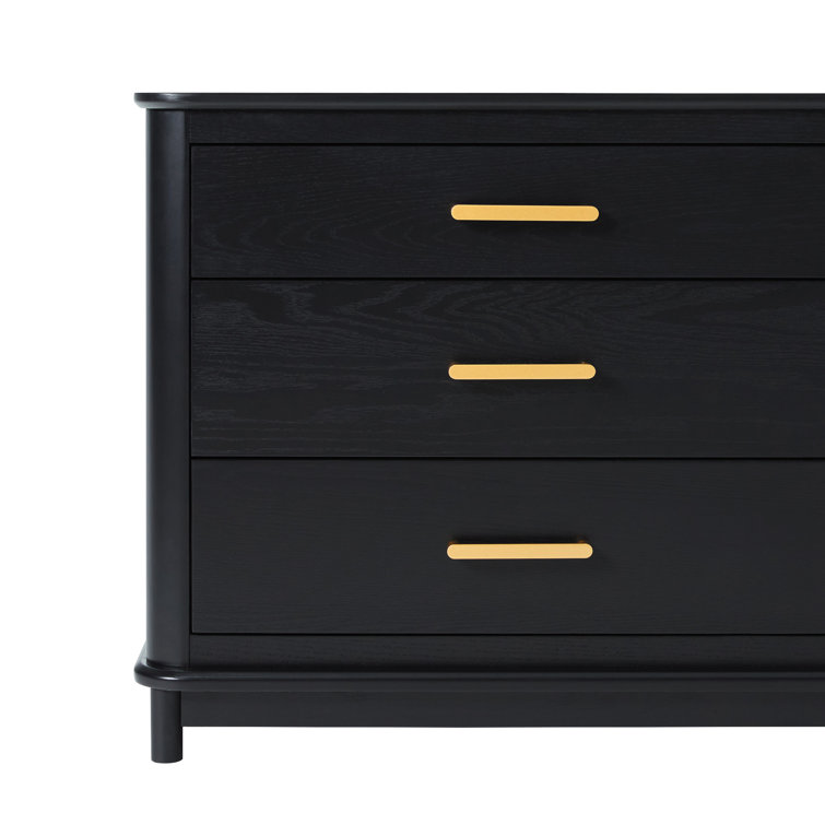 Black Solid Wood 3-Drawer Nightstand with Gold Handles