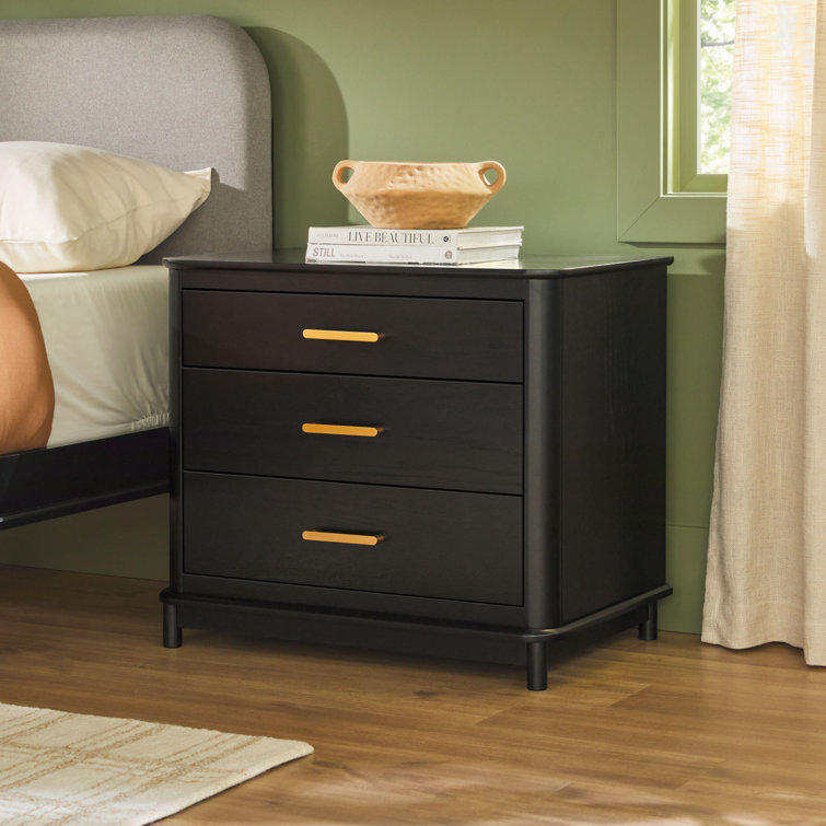 Black Solid Wood 3-Drawer Nightstand with Gold Handles