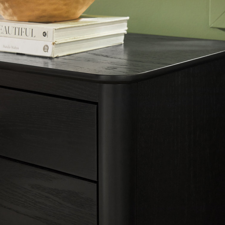 Black Solid Wood 3-Drawer Nightstand with Gold Handles