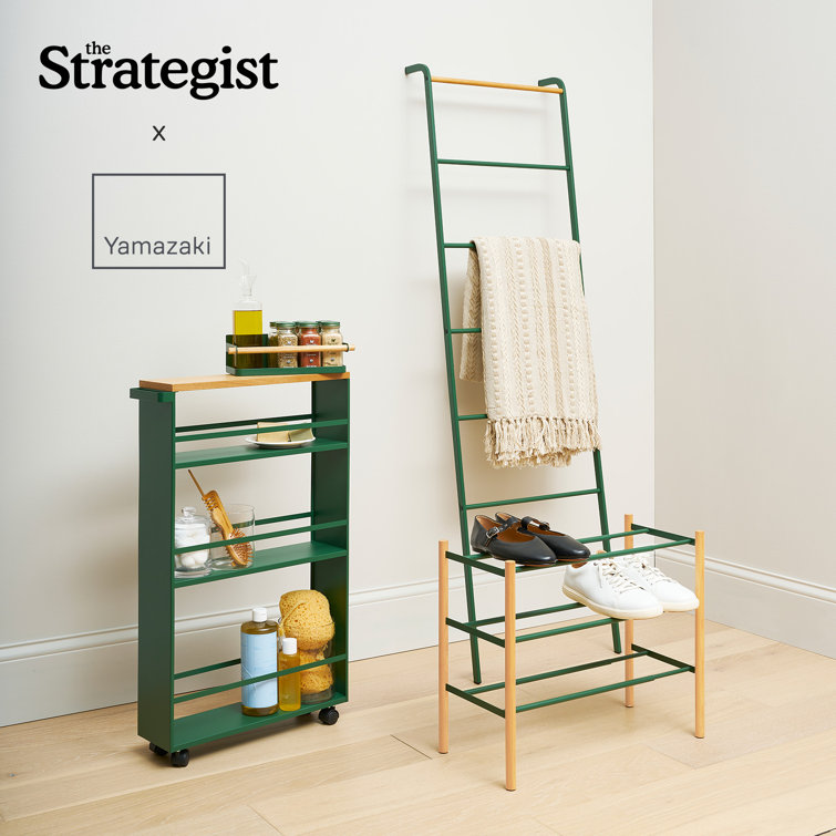 Forest Green Slim Rolling Three-Tier Storage Cart with Wooden Top