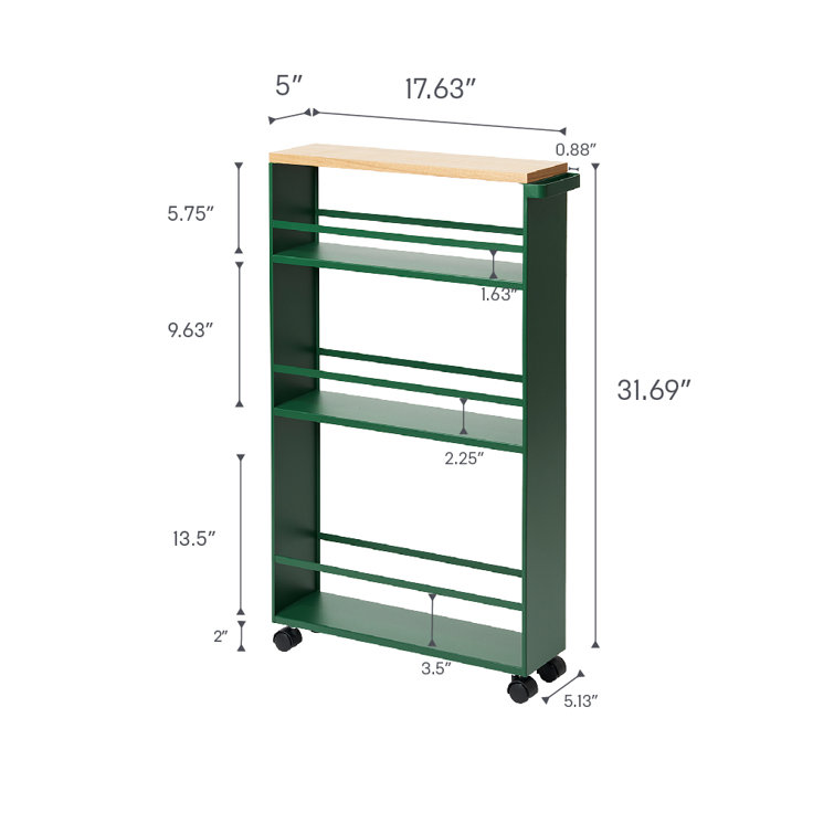Forest Green Slim Rolling Three-Tier Storage Cart with Wooden Top