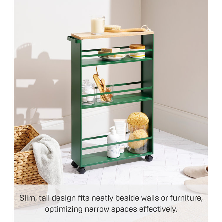 Forest Green Slim Rolling Three-Tier Storage Cart with Wooden Top