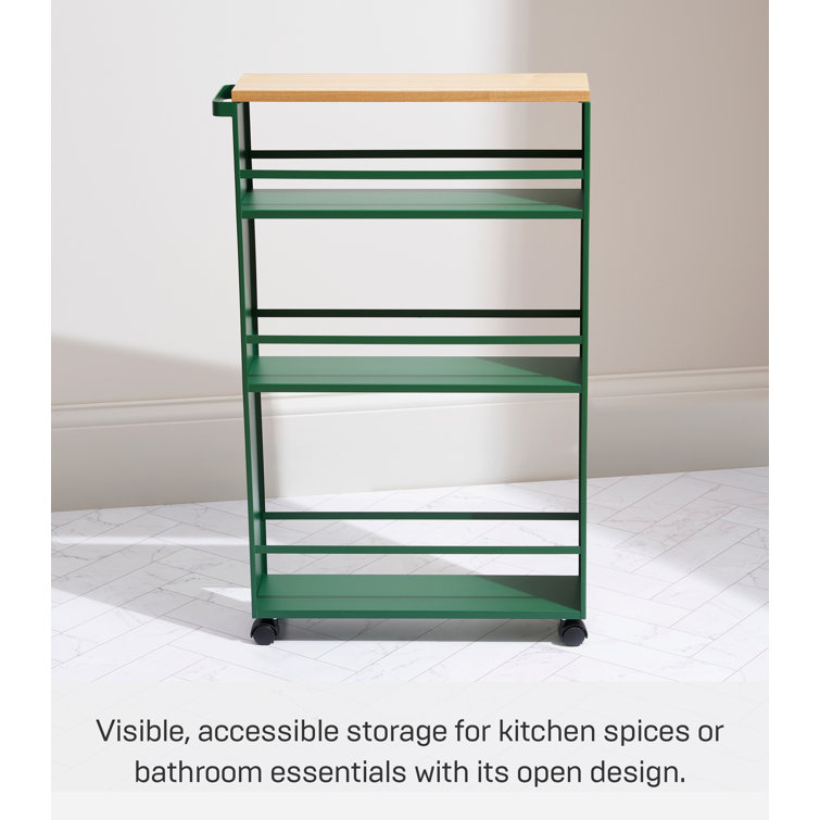 Forest Green Slim Rolling Three-Tier Storage Cart with Wooden Top