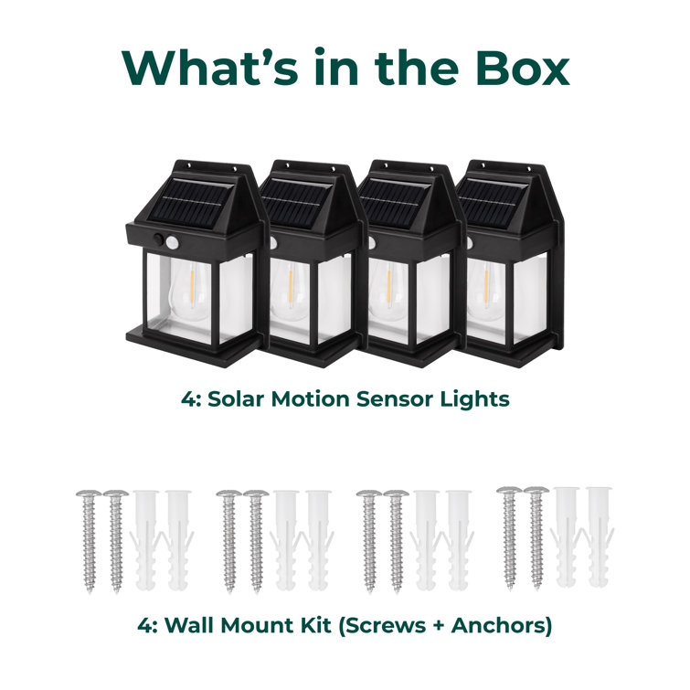Matte Black Solar LED Outdoor Wall Lantern with Motion Sensor, 4-Pack