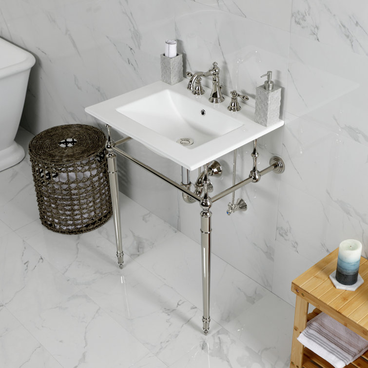 Edwardian 24-Inch White Ceramic Console Sink with Polished Nickel Brass Legs