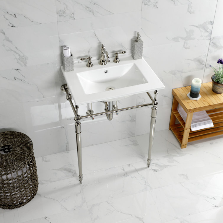 Edwardian 24-Inch White Ceramic Console Sink with Polished Nickel Brass Legs