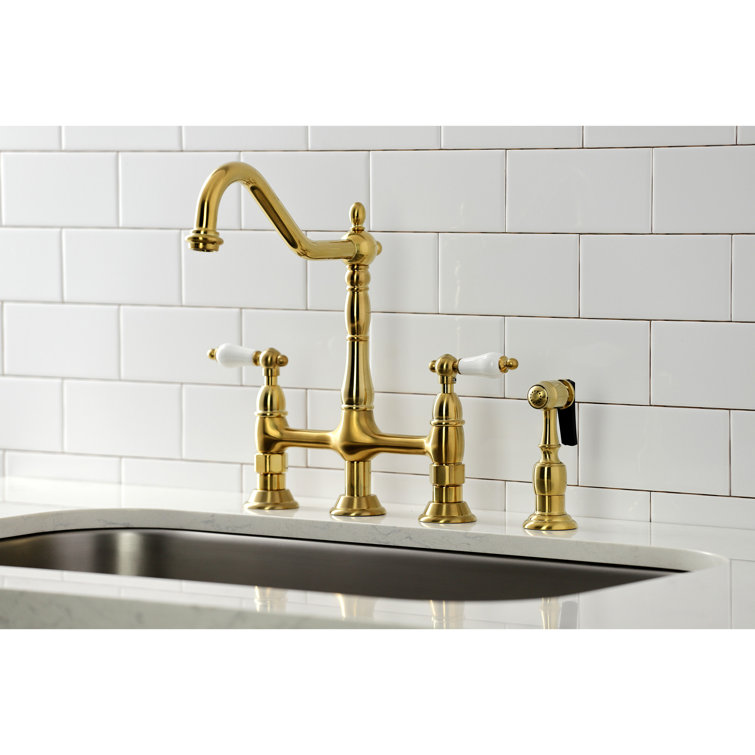 Heritage Brushed Brass Double Handle Bridge Kitchen Faucet with Side Sprayer
