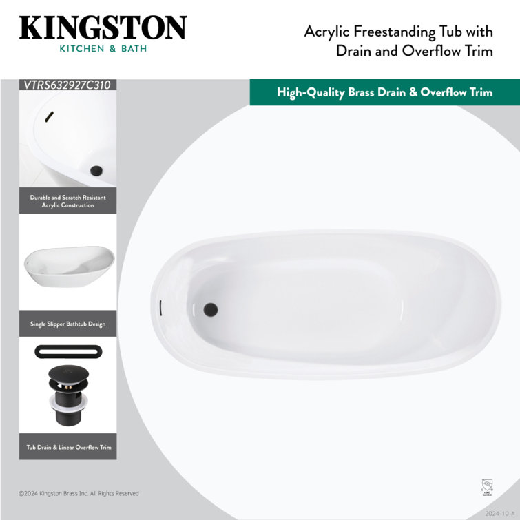63-Inch White Acrylic Freestanding Oval Bathtub with Matte Black Drain