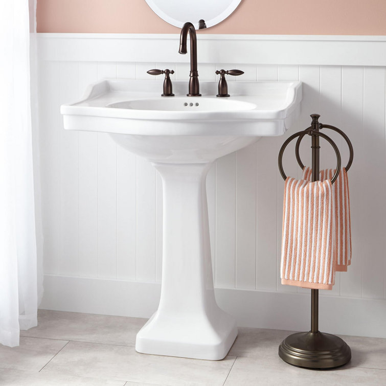 30" White Ceramic Oval Pedestal Bathroom Sink with Overflow