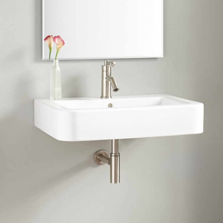 26'' White Ceramic Rectangular Wall-Mount Bathroom Sink with Overflow