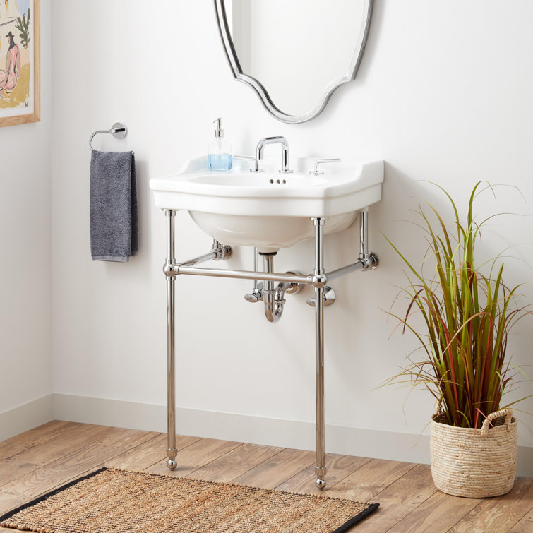 24" White Ceramic Rectangular Console Bathroom Sink with Chrome Legs