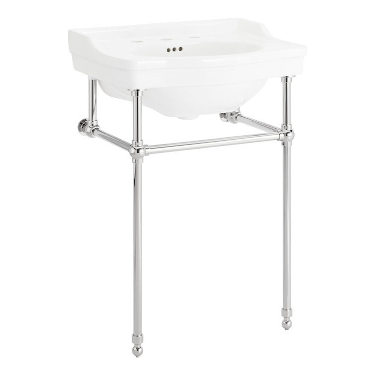 24" White Ceramic Rectangular Console Bathroom Sink with Chrome Legs