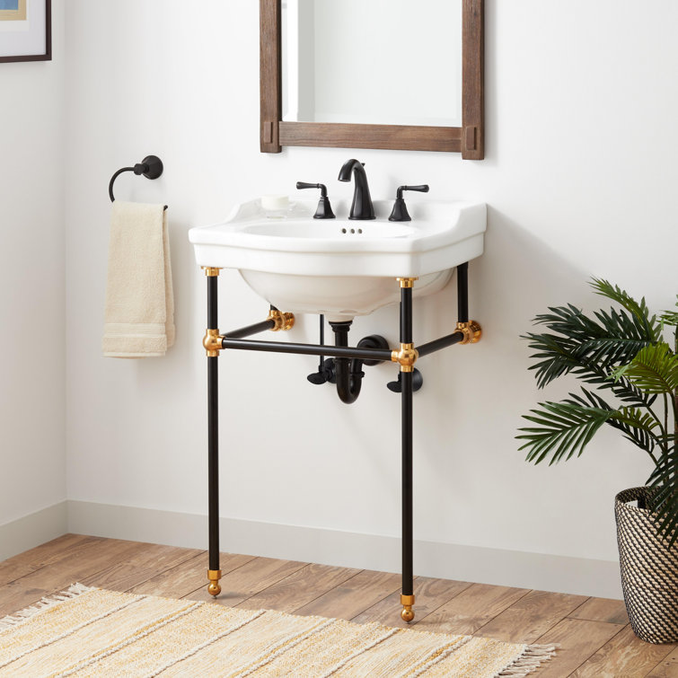 24" Matte Black and Gold Ceramic Console Bathroom Sink