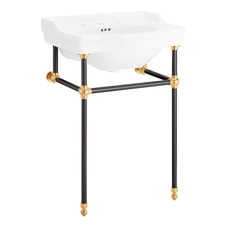 24" Matte Black and Gold Ceramic Console Bathroom Sink