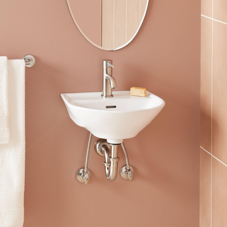 17" White Ceramic Wall Mount Bathroom Sink with Overflow