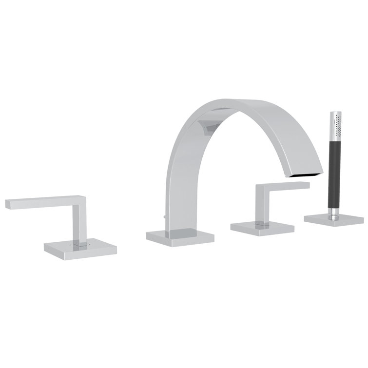 Eleganza Satin Nickel 4-Hole Widespread Deck-Mount Tub Filler with Handshower