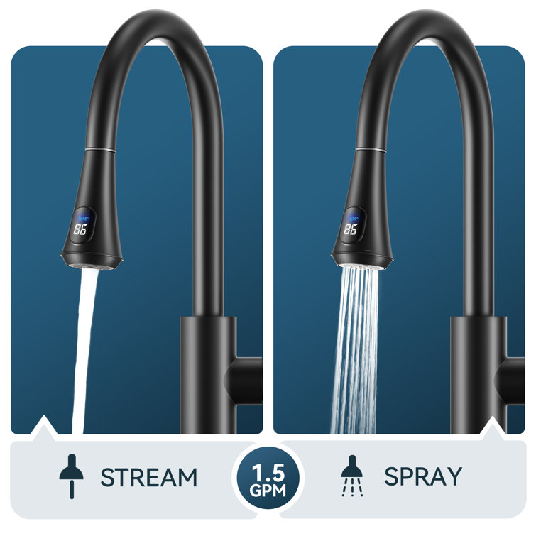 Matte Black Stainless Steel LED Kitchen Faucet with Pull Down Sprayer
