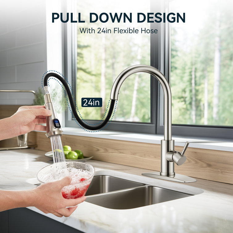 Brushed Nickel LED Kitchen Faucet with Pull Down Sprayer
