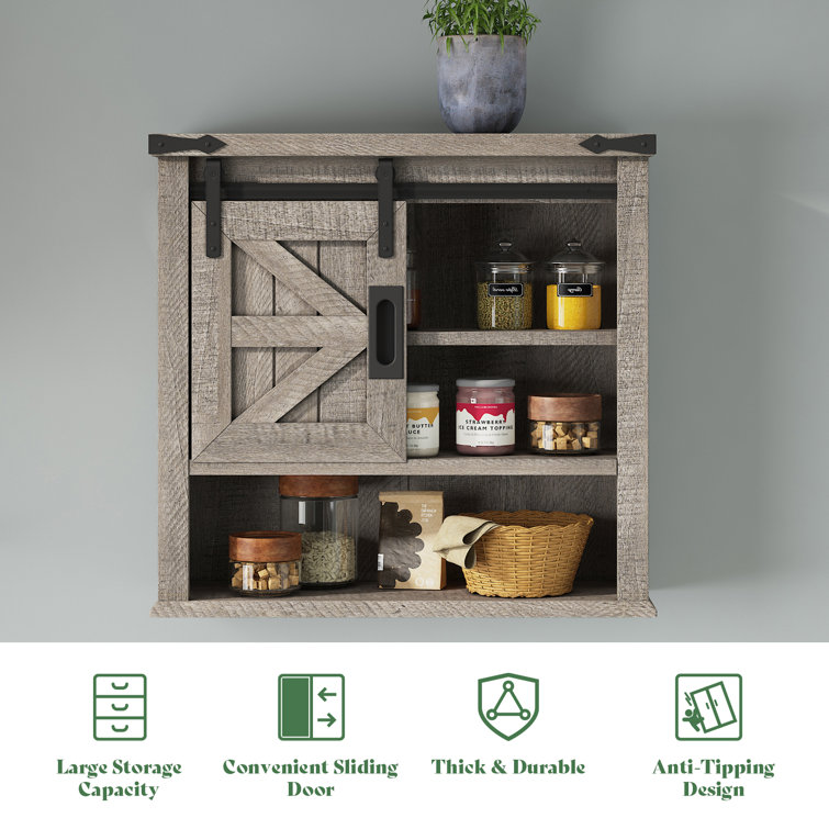 Light Gray Farmhouse Wall Cabinet with Sliding Barn Door