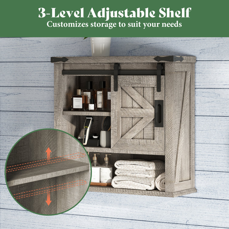 Light Gray Farmhouse Wall Cabinet with Sliding Barn Door