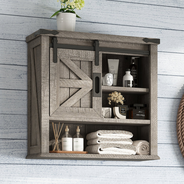 Light Gray Farmhouse Wall Cabinet with Sliding Barn Door