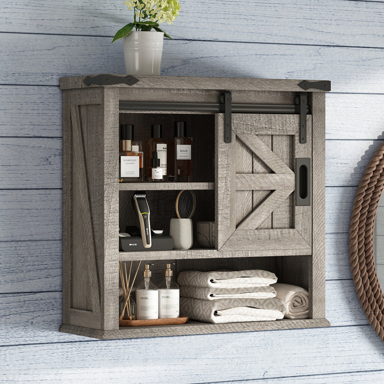 Light Gray Farmhouse Wall Cabinet with Sliding Barn Door