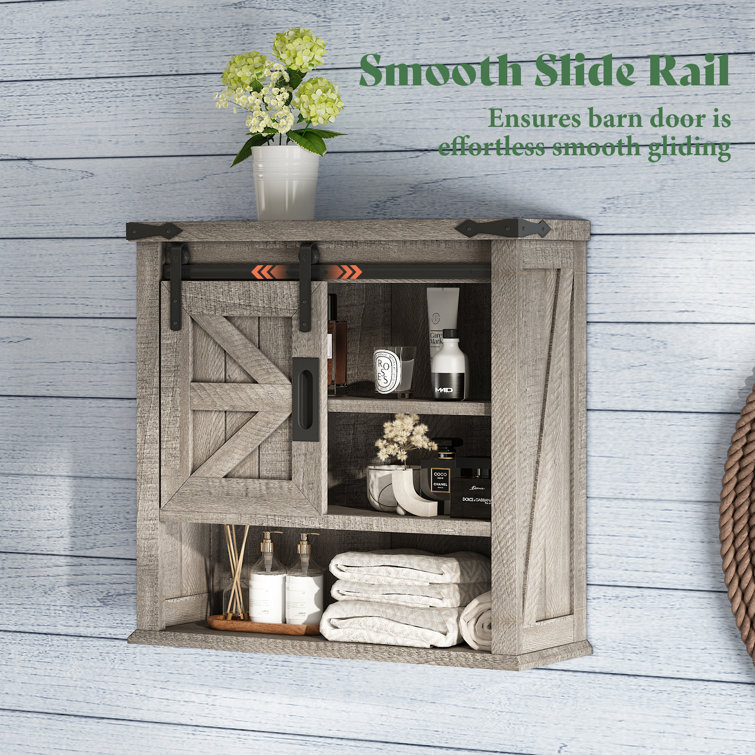 Light Gray Farmhouse Wall Cabinet with Sliding Barn Door
