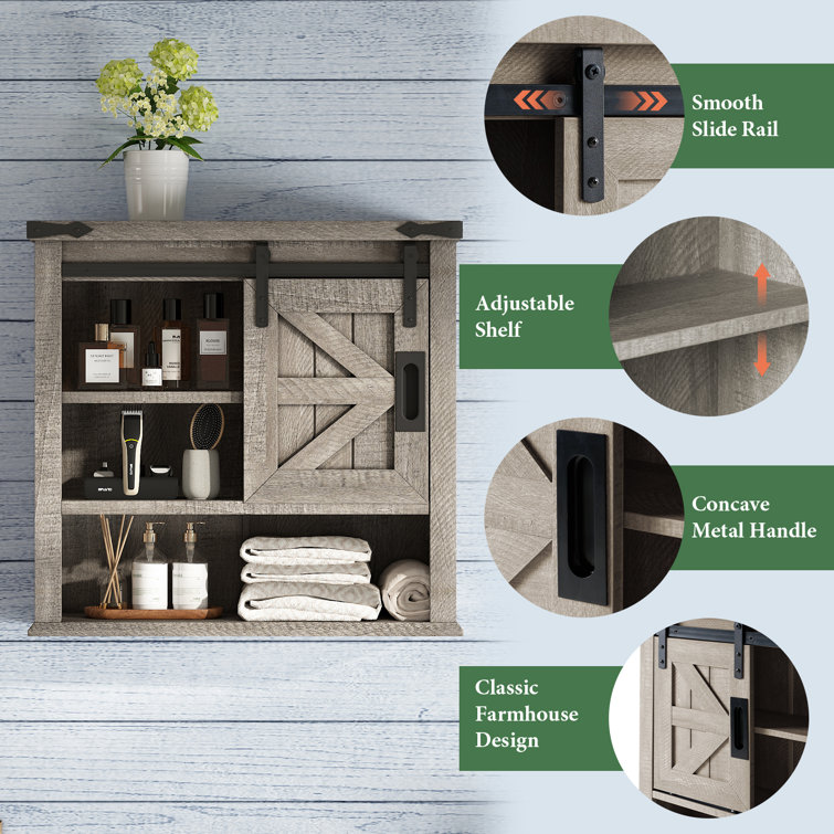Light Gray Farmhouse Wall Cabinet with Sliding Barn Door