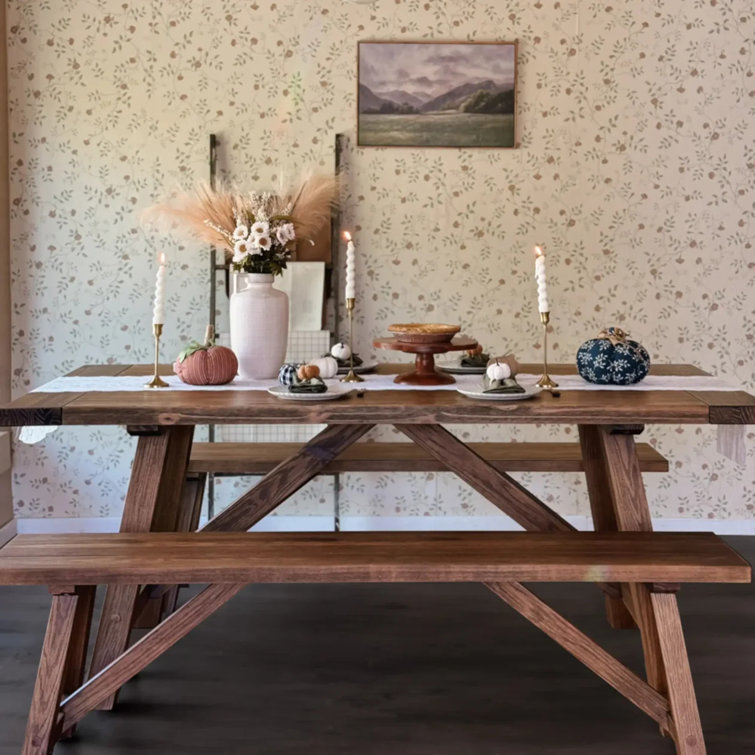 Brown Oak 72'' Solid Wood Farmhouse Dining Table