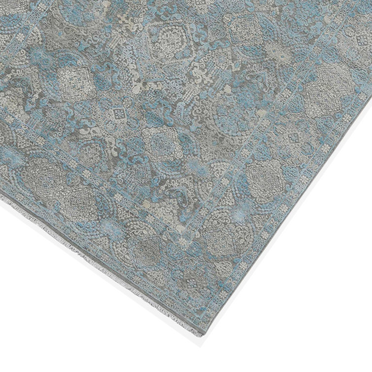 Hand-Knotted Blue and Gray Wool Silk Rug with Tassels