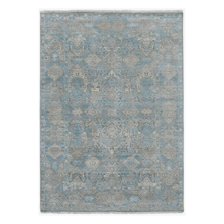 Hand-Knotted Blue and Gray Wool Silk Rug with Tassels
