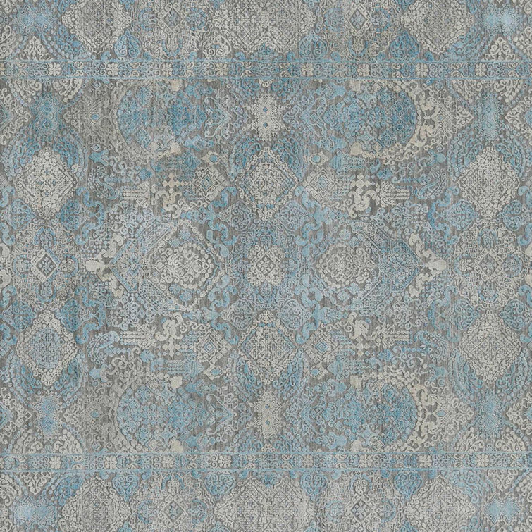Hand-Knotted Blue and Gray Wool Silk Rug with Tassels