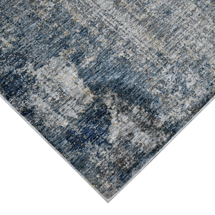 Gray and Blue Synthetic Oriental Runner Rug 2'7" x 8'