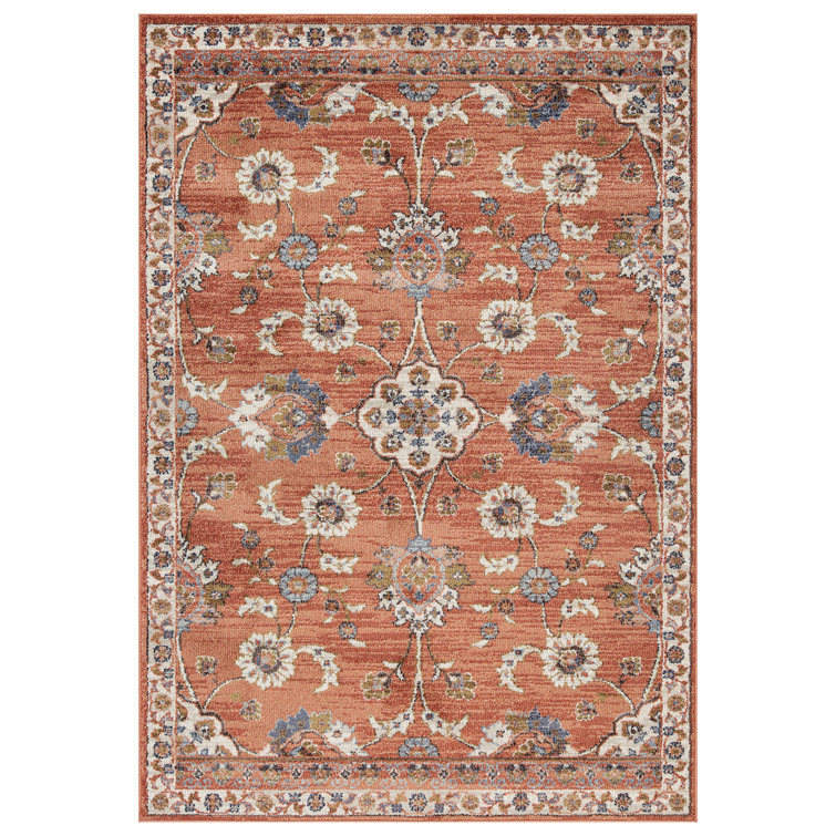 Ivory and Orange Floral Rectangular Synthetic Area Rug