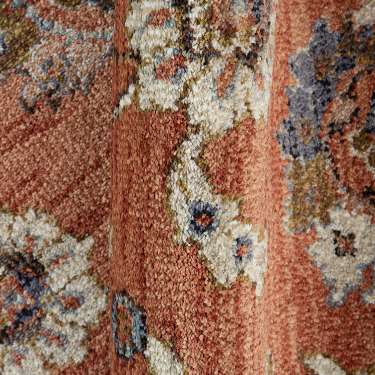 Ivory and Orange Floral Rectangular Synthetic Area Rug